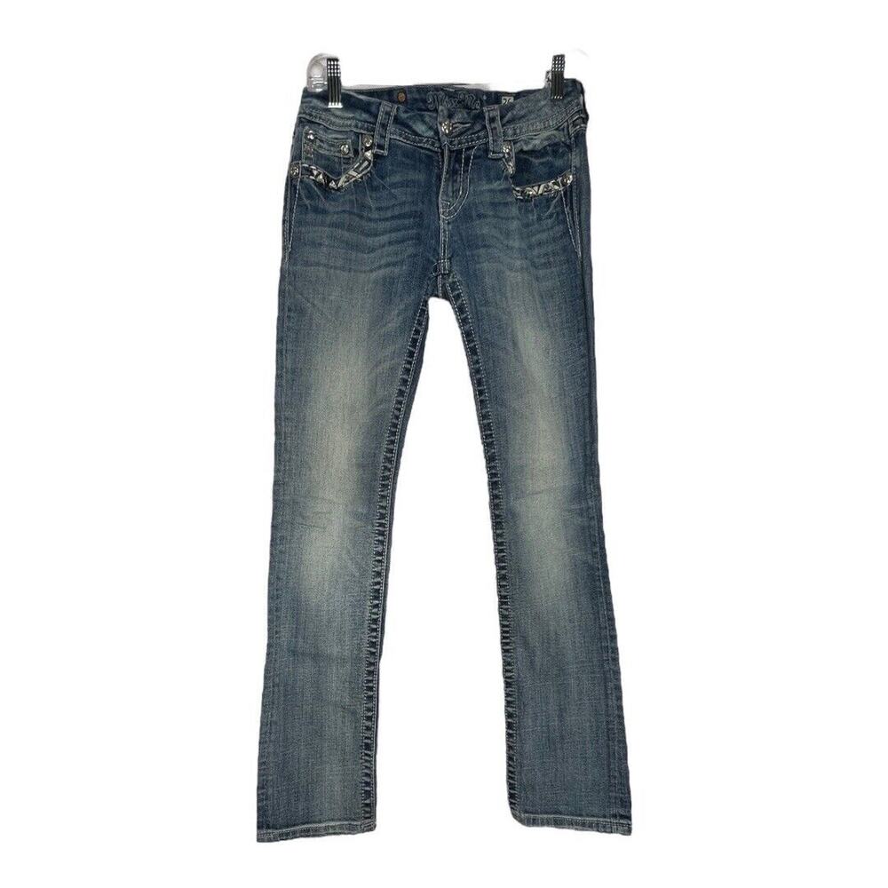 Miss Me Jeans Womens 2 26" Blue Signature Straight Light Wash Fading Embellished